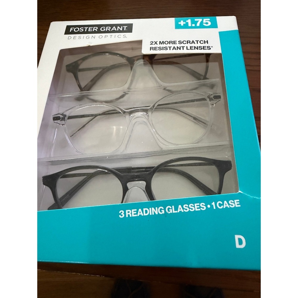 Foster Grant Design Optics Classic Reading Glasses +1.75  3 Pack NEW with case